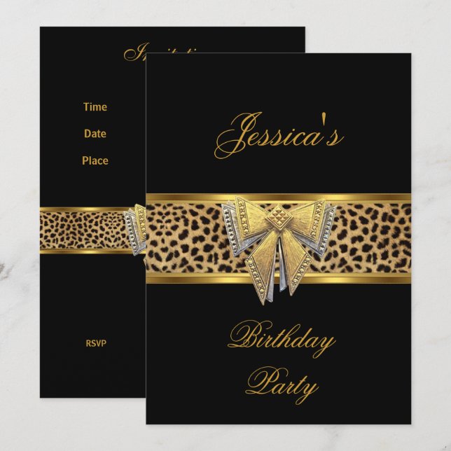 Invitation Arc-en-ciel Noir Léopard noeud Elégant Classe Anni (Devant / Derrière)