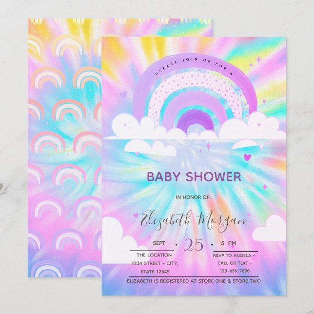 Invitation Arc-en-ciel Nuages Coeurs Tie Dye Baby shower (Devant / Derrière)