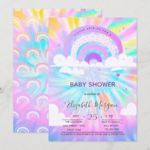 Invitation Arc-en-ciel Nuages Coeurs Tie Dye Baby shower