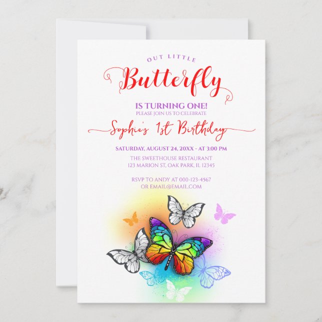 Invitation Arc-en-ciel papillon 1er anniversaire (Devant)