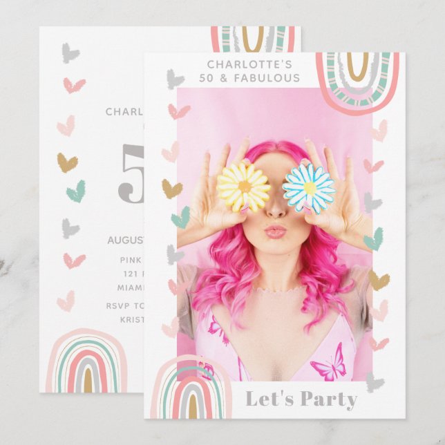 Invitation Arc-en-ciel rose 50 & Fabuleux fête d'anniversaire (Devant / Derrière)