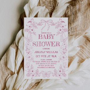 Invitation Arc-en-ciel Rose Blanc Toile Fleurs Fille Baby Sho