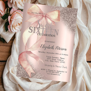 Invitation Arc-en-ciel Rose Bow Glitter Or Rose Sucré 16 
