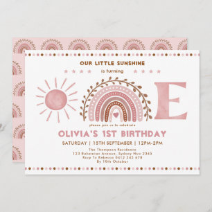 Invitation Arc-en-ciel rose Brown et soleil 1er anniversaire