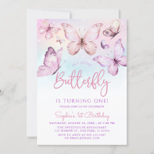 Invitation Arc-en-ciel rose violet papillon fille 1er anniver