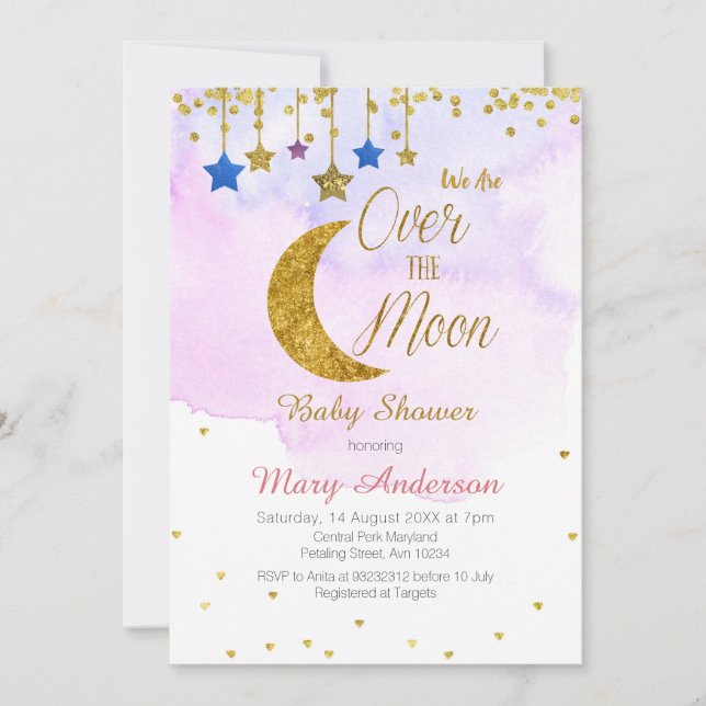 Invitation Arc en ciel sur le Baby shower de la Lune (Devant)