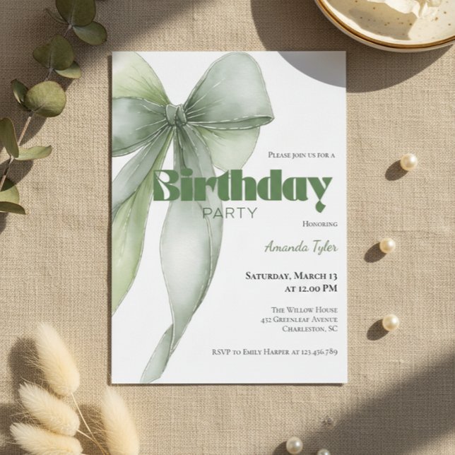 Invitation Arc-en-Eau Aquarelle Vert Sauge Anniversaire (Sage green watercolor bow birthday invitation with elegant neutral design)
