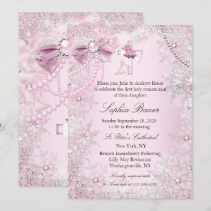 Invitation Arc en ruban Perle Rose Sainte Communion ou Baptêm