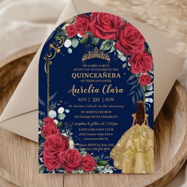 Invitation Arc Enchanted Red Roses Floral Navy Quinceañera (Créateur téléchargé)