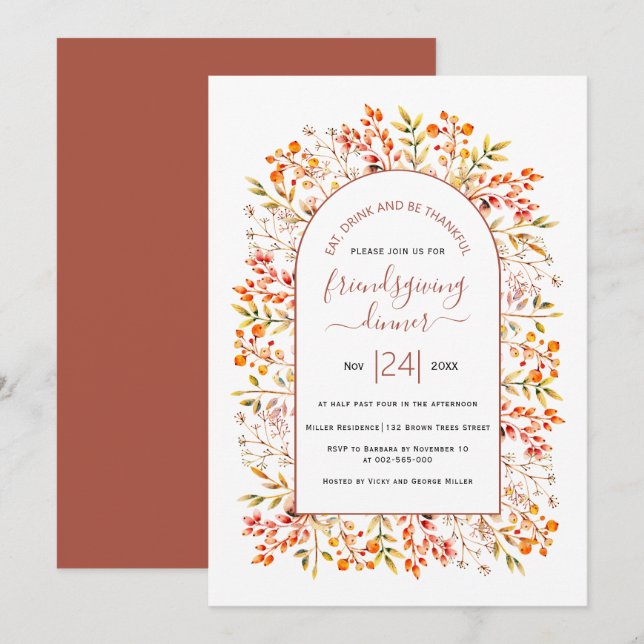 Invitation Arc, feuilles et baies terracotta Friendsgiving (Devant / Derrière)