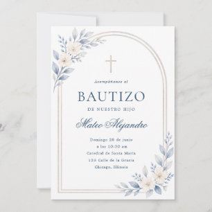 Invitation Arc floral élégant bleu poussiéreux pour baptême e