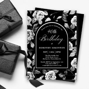 Invitation Arc floral noir blanc Rose 90e anniversaire