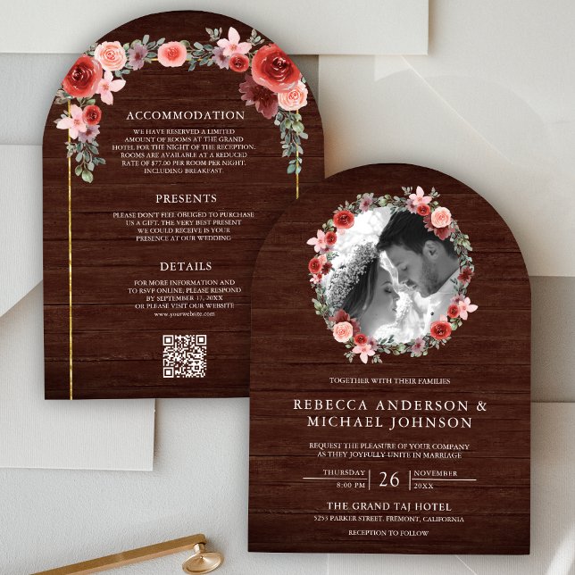 Invitation Arc floral rose vierge bordeaux Photo Mariage bois (Créateur téléchargé)
