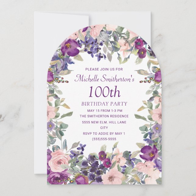 Invitation Arc floral rose violet 100e anniversaire (Devant)