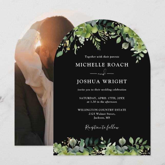 Invitation Arc Floral Vert Mariage Photo Noir Et Blanc (Devant / Derrière)