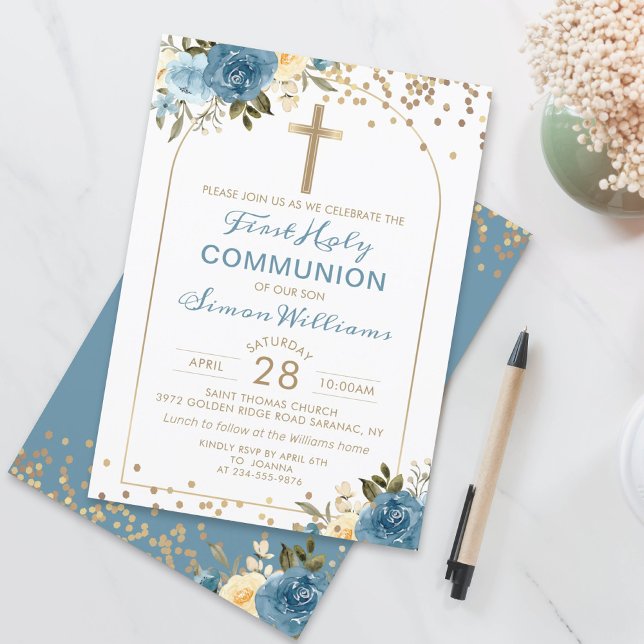 Invitation Arc Gold Dusky Blue Floral Première Communion Sain (Créateur téléchargé)