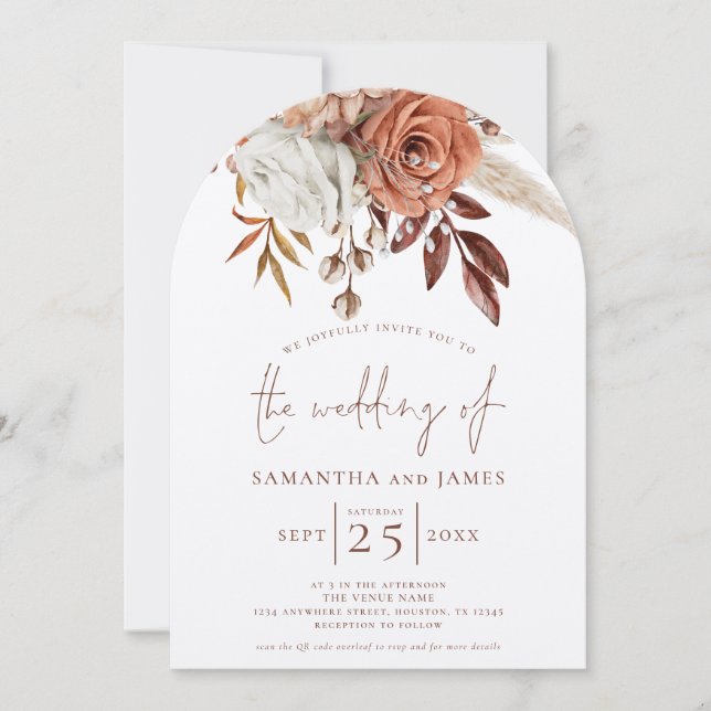 Invitation Arc Mariage Boho Terracotta Florals QR Code (Devant)