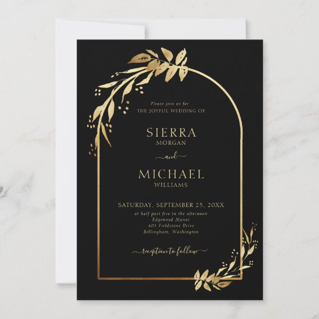Invitation Arc Mariage Chic Noir Or Eucalyptus Foliage (Devant)