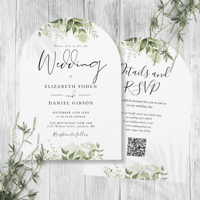 Invitation Arc Mariage de code QR Floral vert moderne (Modern Greenery Floral QR Code Wedding Arch Invitation)