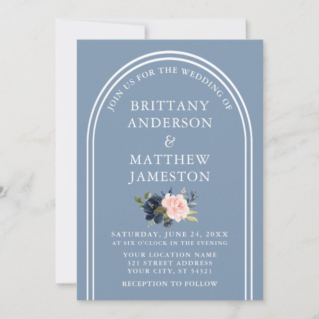 Invitation Arc Mariage moderne élégant Dusty Blue Rose Floral (Devant)