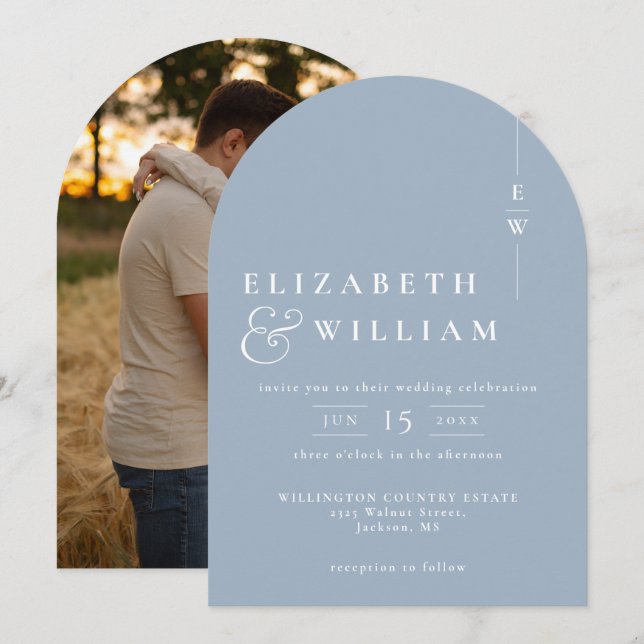 Invitation Arc Mariage photo Dusty Blue Elegant Monogram (Devant / Derrière)