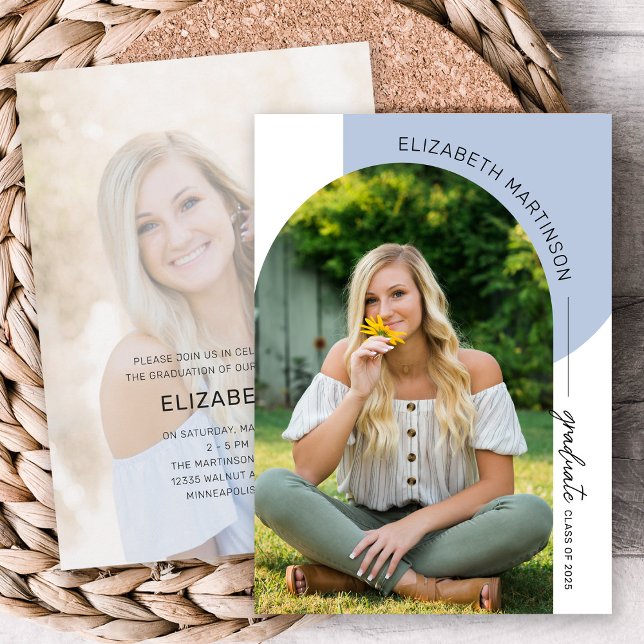 Invitation Arc minimal moderne 2 Photo Bleu Graduation (Créateur téléchargé)