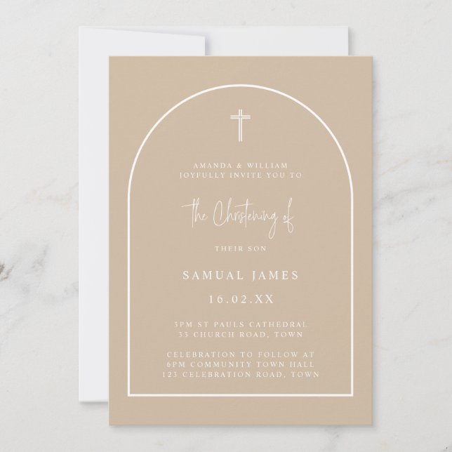 Invitation Arc moderne beige neutre minimaliste Christening (Devant)