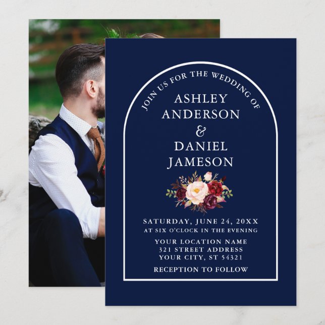 Invitation Arc moderne Bourgogne Floral Bleu Mariage photo (Devant / Derrière)