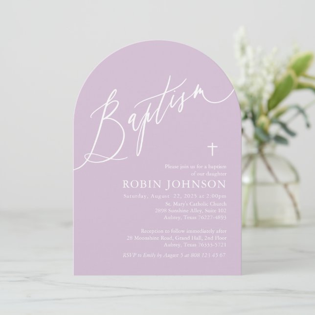 Invitation Arc moderne Dusty Croix violet Baby Girl Baptism (Debout devant)