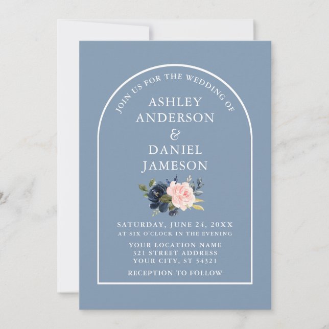 Invitation Arc moderne élégant Dusty bleu rose Mariage floral (Devant)