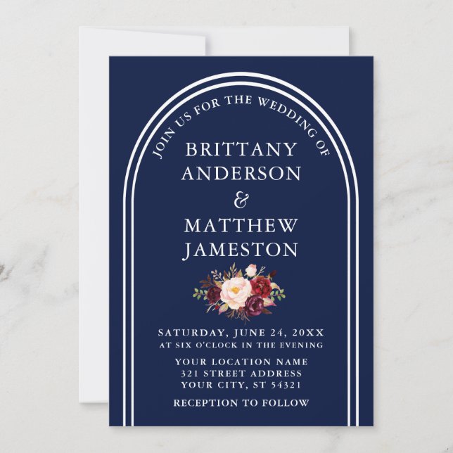 Invitation Arc moderne Mariage Bourgogne Floral Bleu (Devant)
