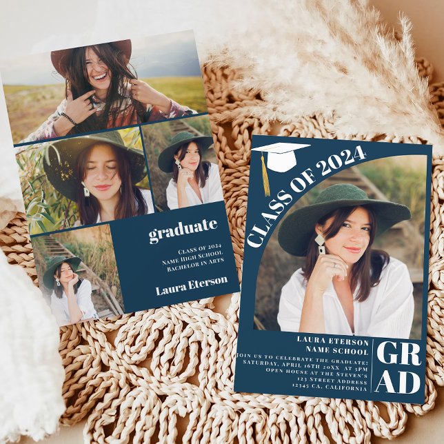 Invitation Arc moderne marine bleu 5 photos graduation (Modern arch navy blue 5 photos graduation invitation)