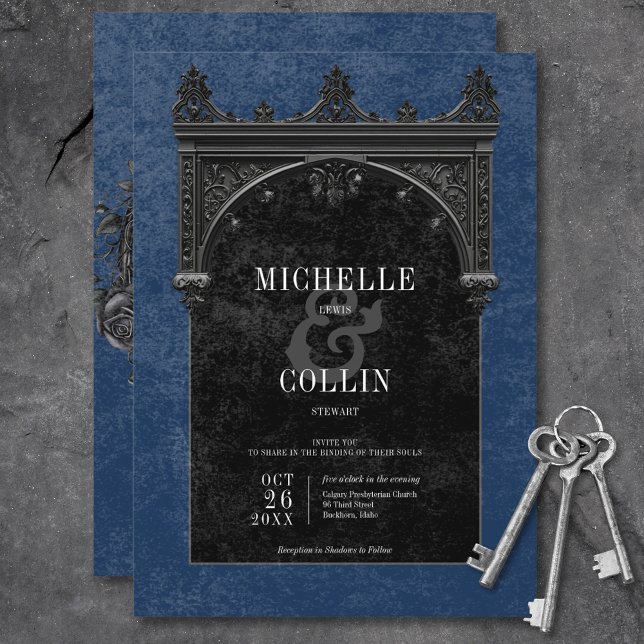 Invitation Arc noir gothique et Rose noir Mariage bleu (Gothic Black Arch & Black Roses Blue Wedding Invitation)