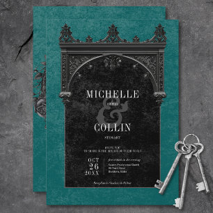 Invitation Arc noir gothique et Rose noir Mariage Turquoise