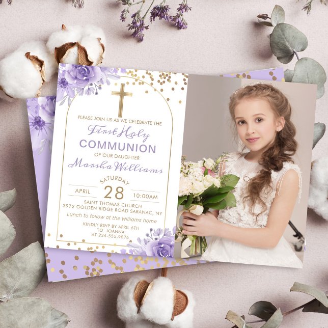 Invitation Arc Or Purple Floral First Holy Communion Photo (Créateur téléchargé)