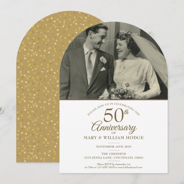 Invitation Arc photo Mariage du 50e anniversaire Gold Hearts (Devant / Derrière)