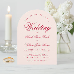 Invitation Arc rose de mariage écriture rouge simple calligra