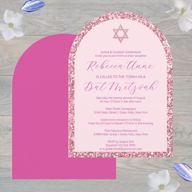 Invitation Arc rose glam traditionnel Bat mitzvah élégant (Arched shaped Bat Mitzvah invitations in pink glam with faux glitter details)