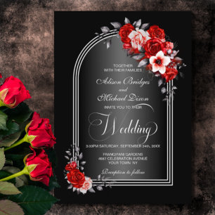 Invitation Arc rouge floral noir gris Mariage