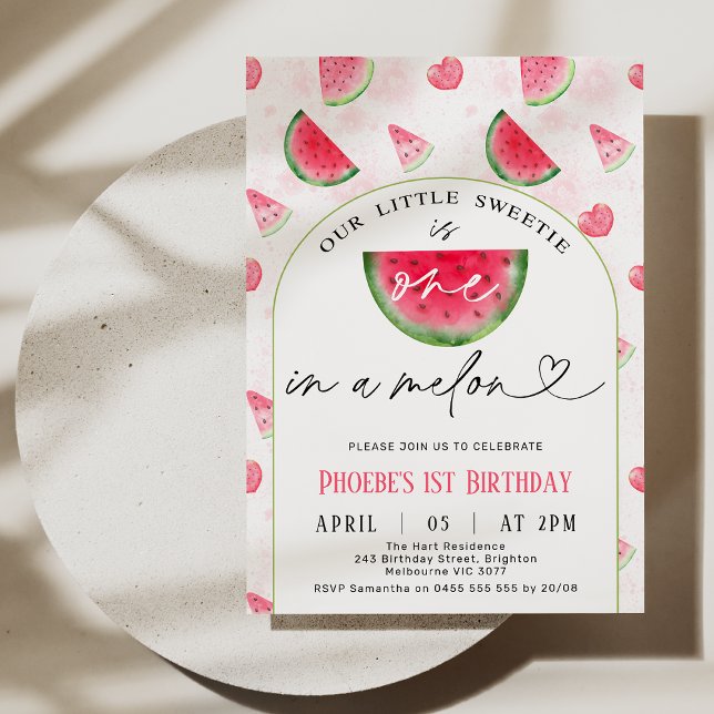 Invitation Arc Rouge moderne Un dans un Melon 1er anniversair (Modern One In A Melon 1st Birthday Invitation Template, Watermelon Themed First Birthday Invitation)