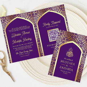 Invitation Arc royal pourpre perse QR Code Mariage musulman