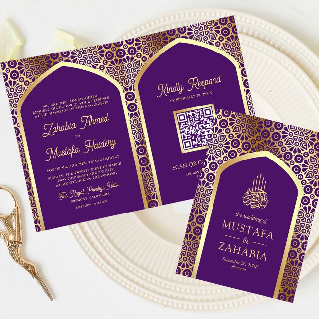 Invitation Arc royal pourpre perse QR Code Mariage musulman (Créateur téléchargé)