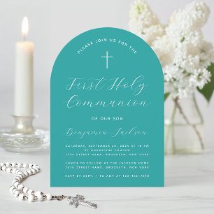 Invitation Arc Turquoise de première communion Script moderne