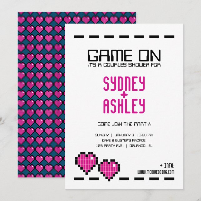 Invitation arcade rétro GAMER MARIAGE couple douche PINK LOVE (Devant / Derrière)