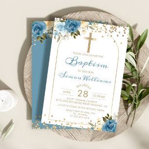 Invitation Arch Bleu bleu floral Parties scintillant or Baptê