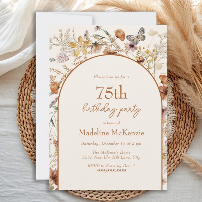 Invitation Arch Boho Fleur sauvage 75e anniversaire (Boho floral and butterfly 75th birthday invitation)