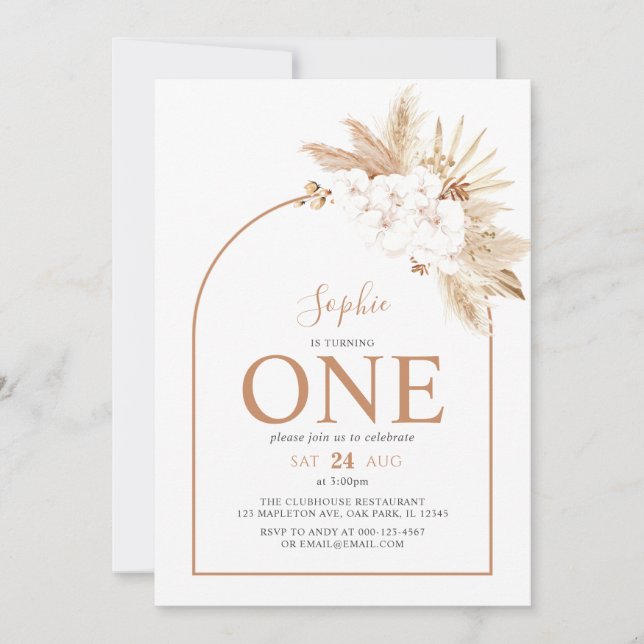 Invitation Arch Boho Pampas Grass Baby Girl 1er anniversaire (Devant)