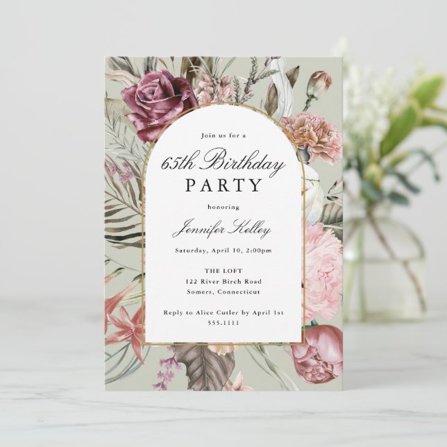 Invitation Arch Frame Botanique Anniversaire, Sage Green (Debout devant)
