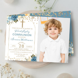 Invitation Arch Gold Dusky Blue Floral First Communal Photo