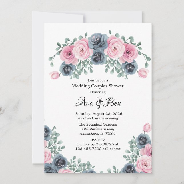 Invitation Arch Rose & Blue Blooms Mariage Couples Douche (Devant)